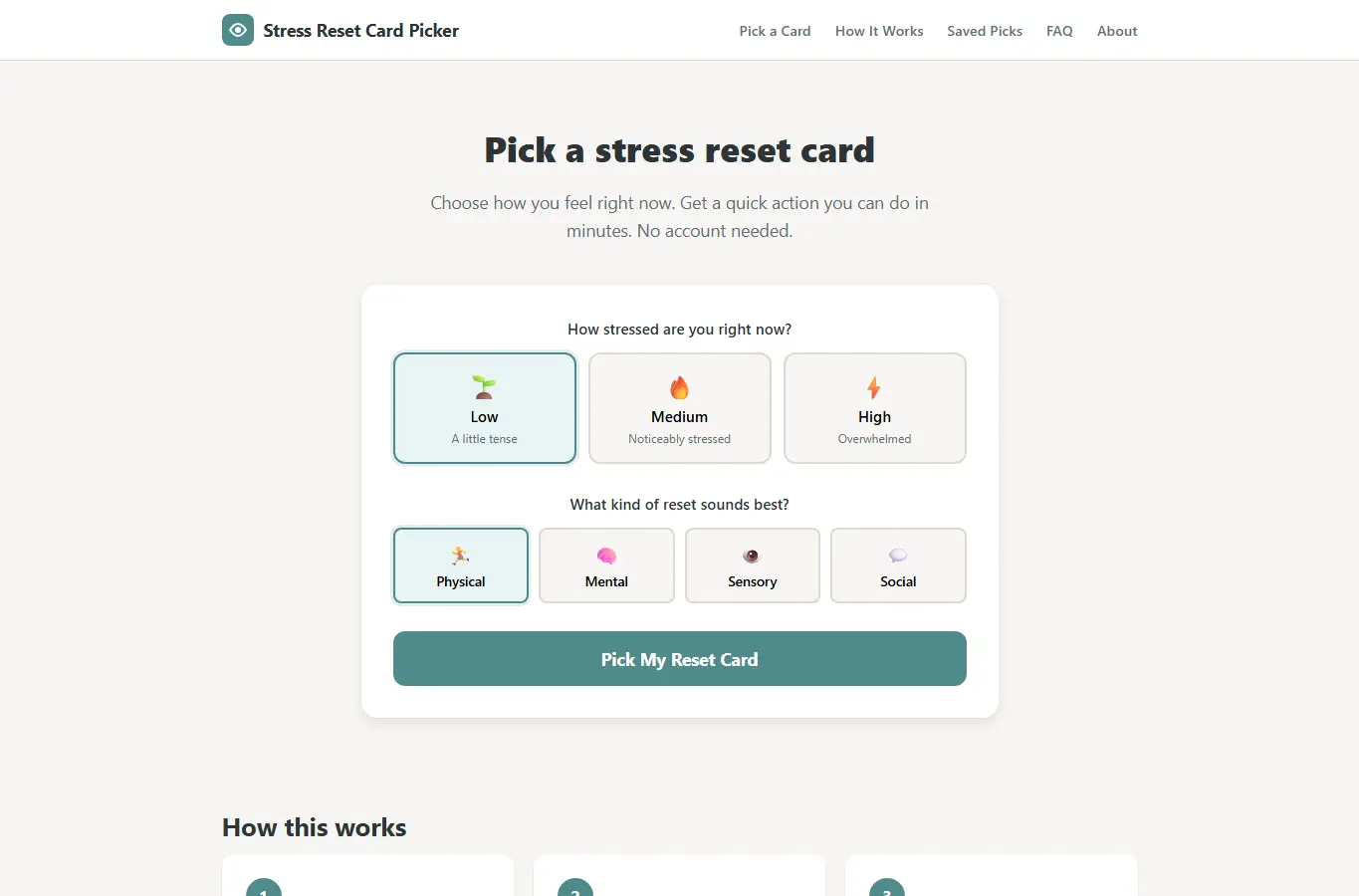 Screenshot of Stress Reset Card Picker interface showing the project page in use